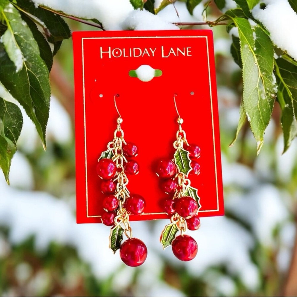Drop Earrings Gold Tone Red Bead Green Enamel Mistletoe Holiday Lane Gift New - Picture 4 of 9